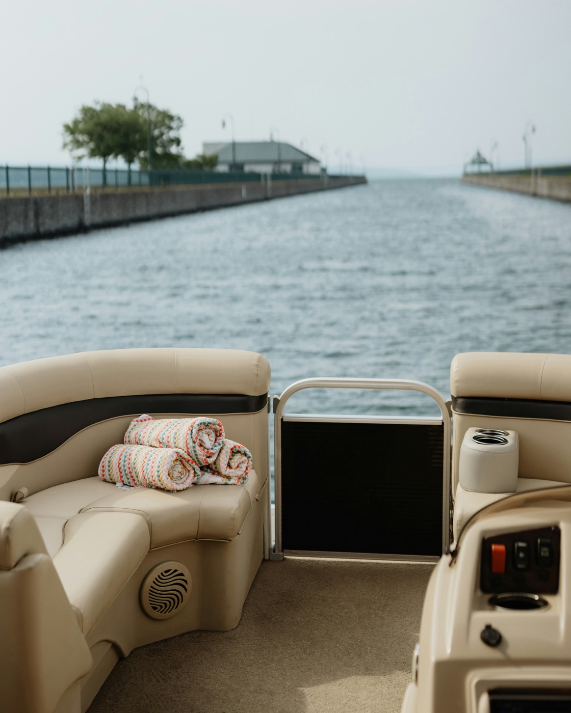A boat deck detailed and dressed with fresh towels