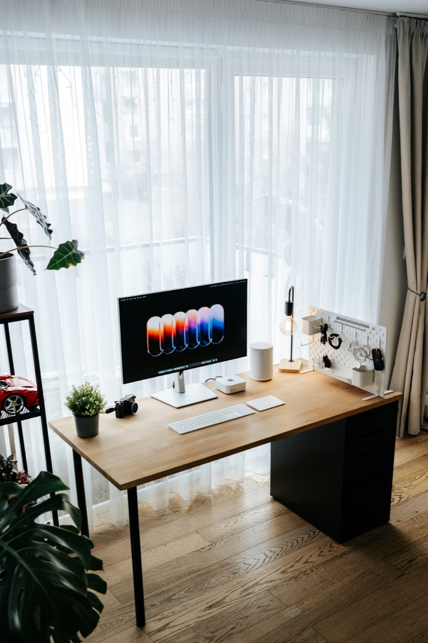 A tidy, sunlit home office with plants